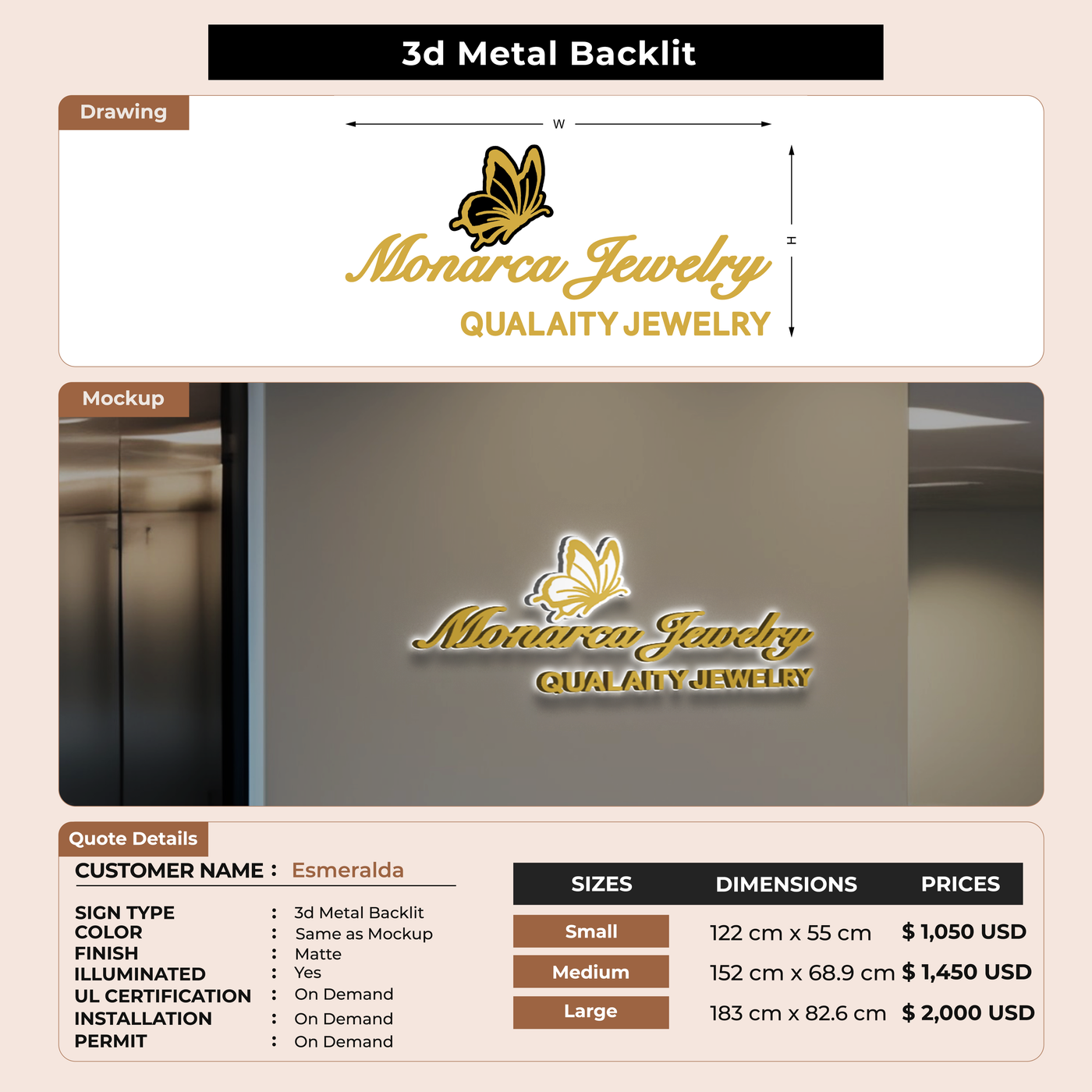 3D Metal Backlit Sign for Esmeralda