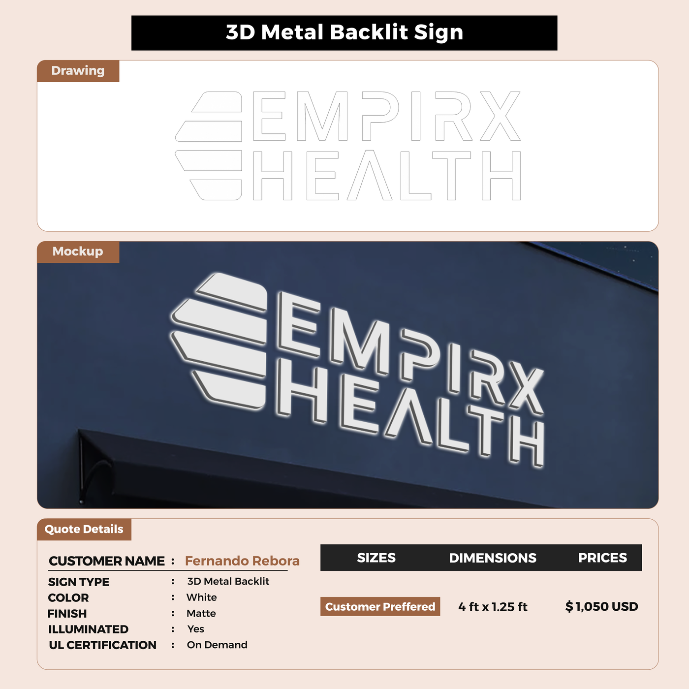 3D Metal Backlit Sign for Fernando Rebora