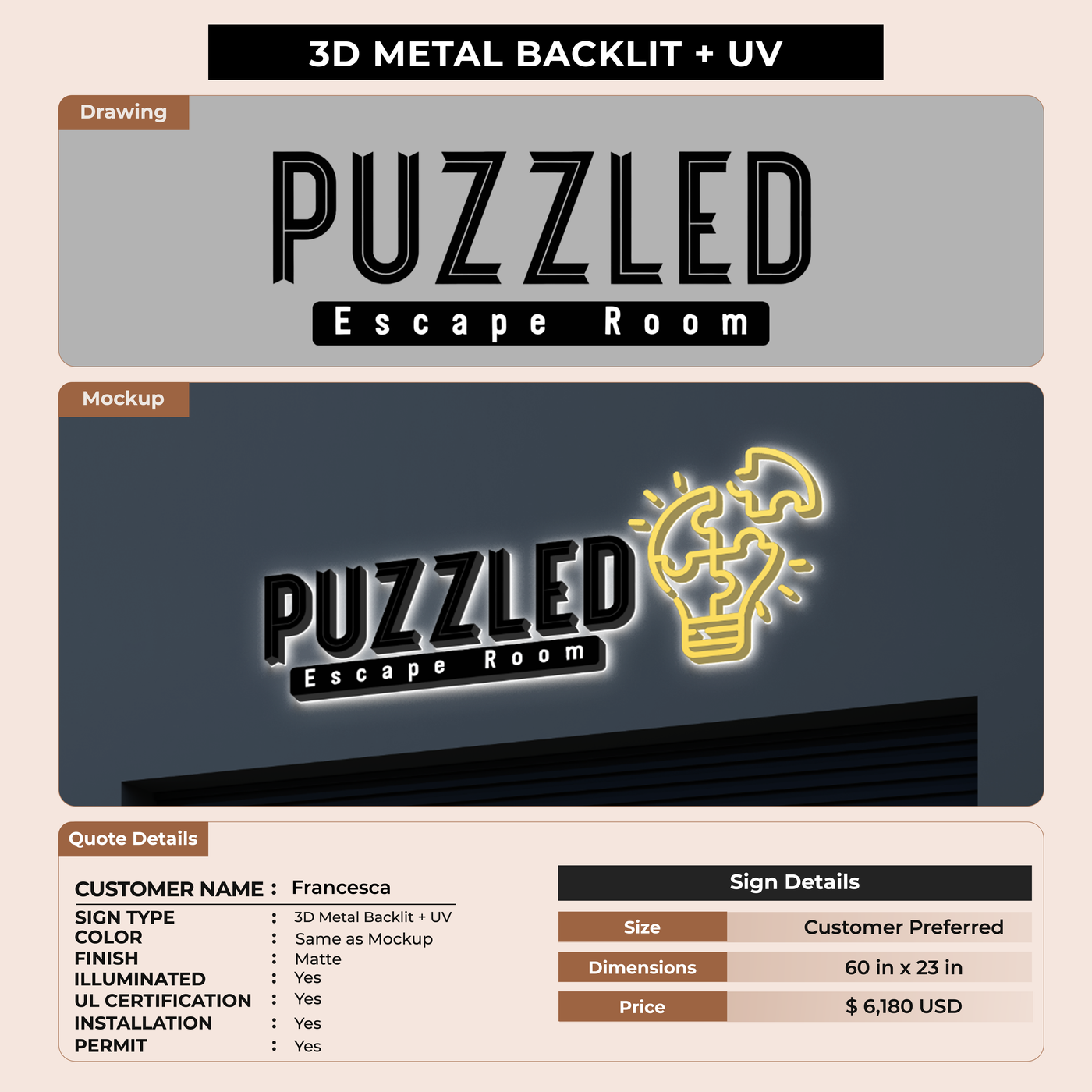 3D UV MEtal Backlit Sign or Francesca