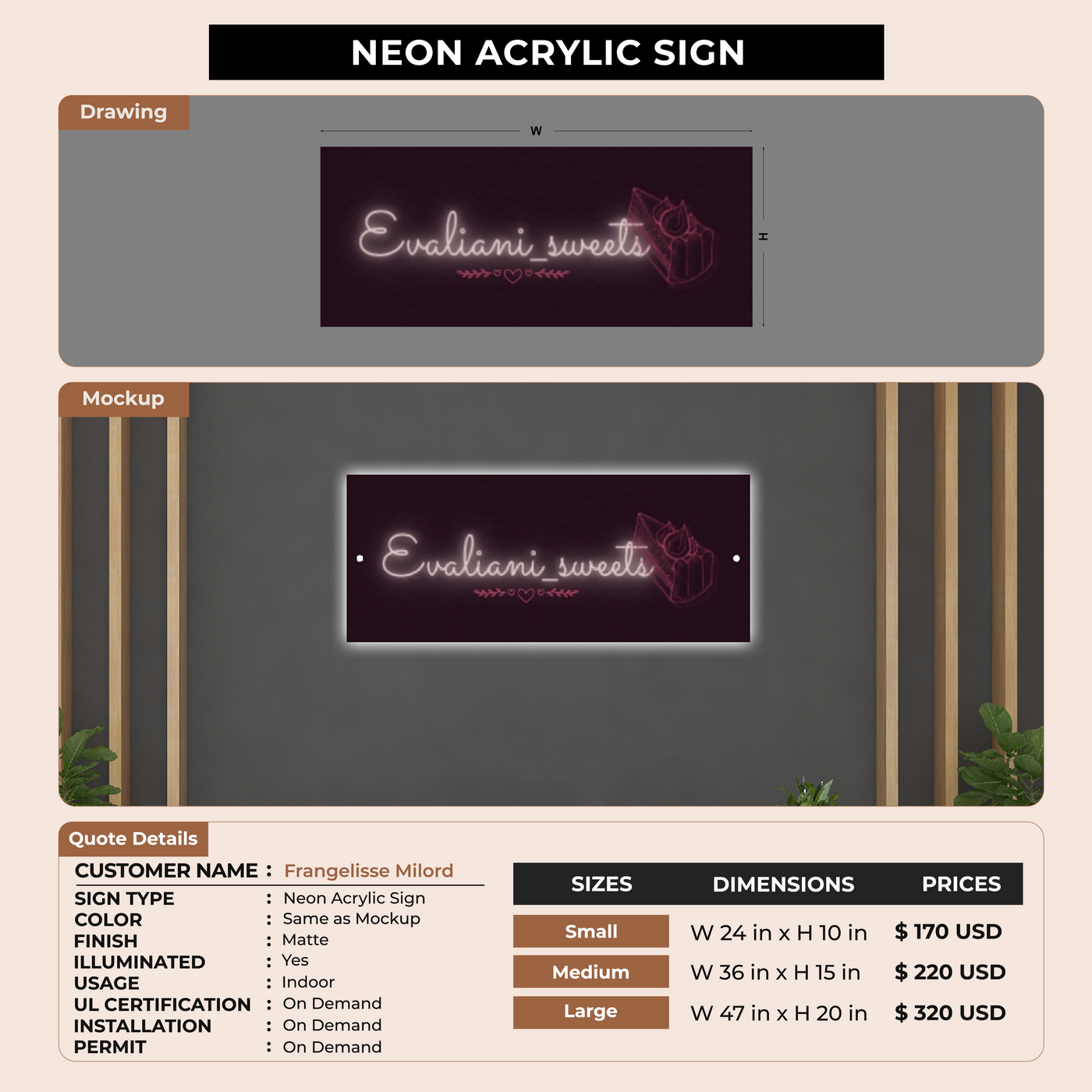 Neon Acrylic Sign for Frangelisse Milord