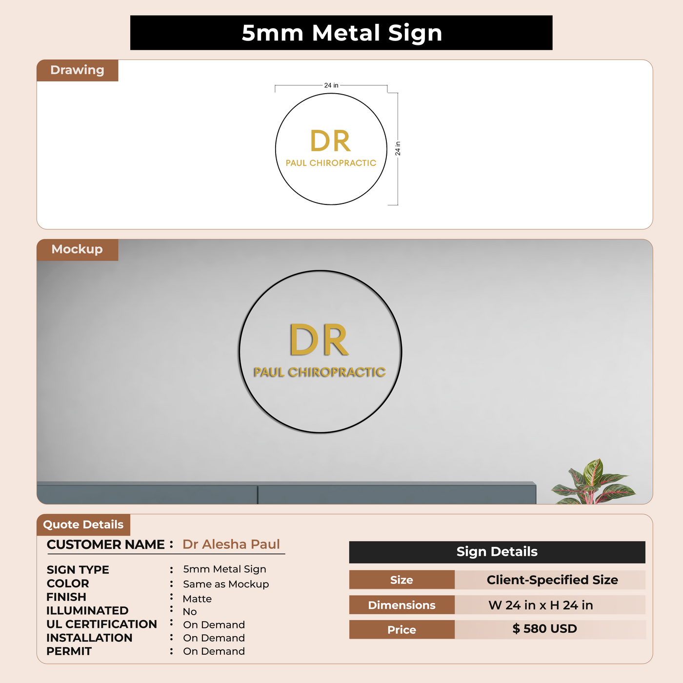 5MM Metal Sign For Dr Alesha Paul