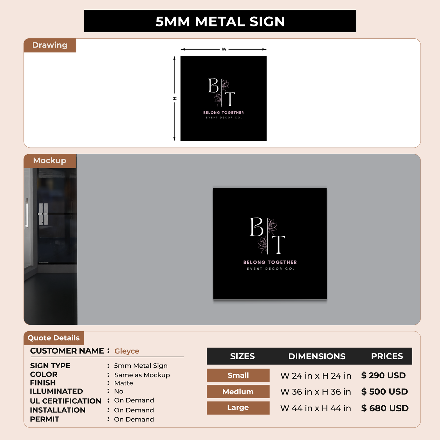 5mm metal sign for Gleyce
