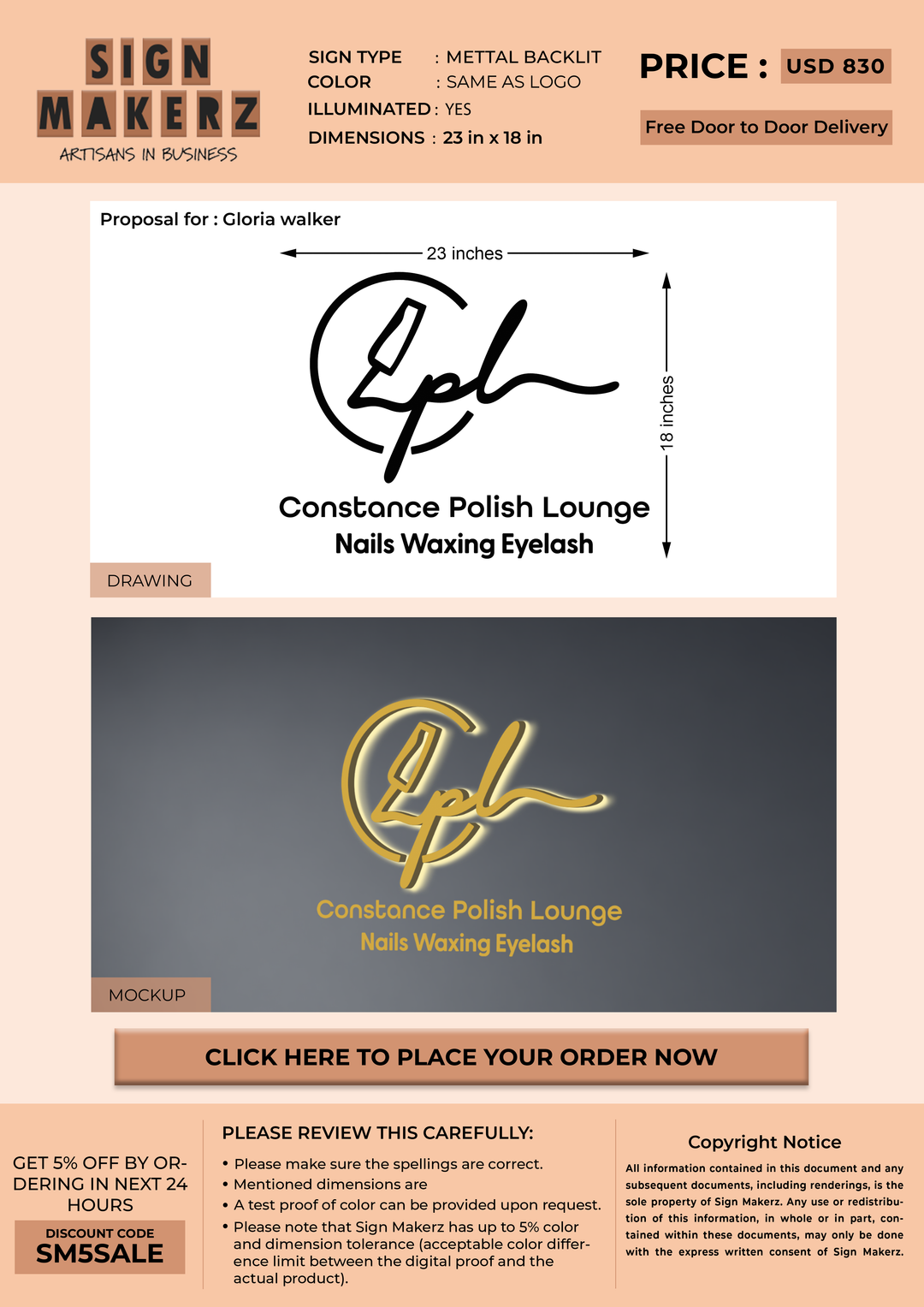 3D Metal Backlit Sign for Gloria walker