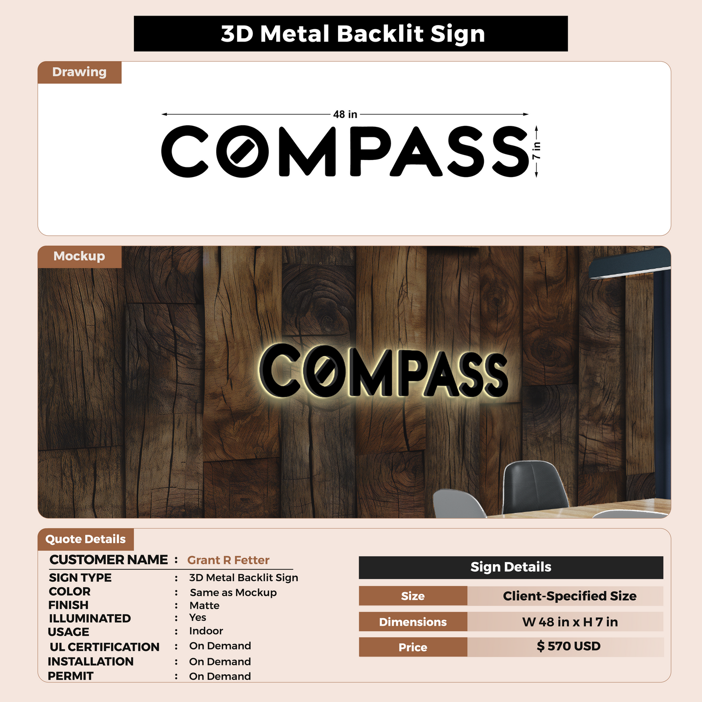 Metal Backlit Sign for Grant R Fetter