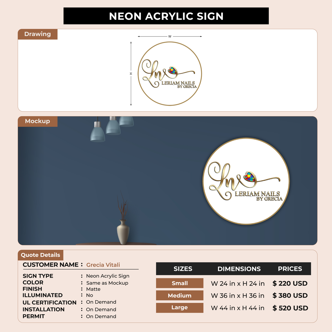 Neon Acrylic Sign For Grecia Vitali