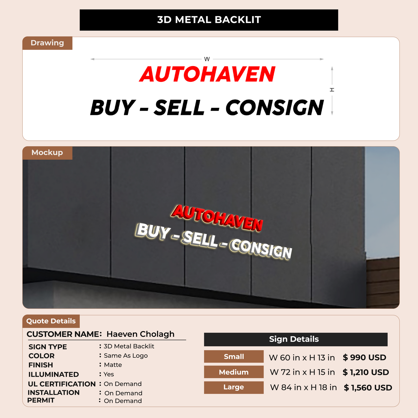 3D Metal Back-lit Sign For Haeven Cholagh