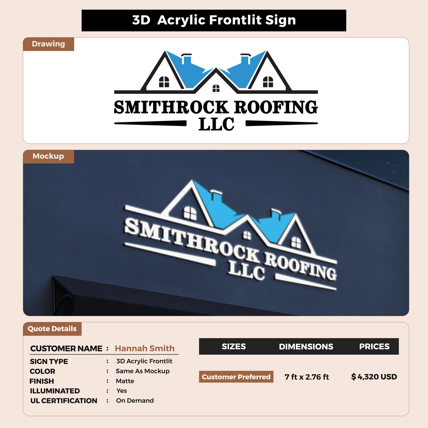 3D Acrylic Frontlit Sign for Hannah Smith