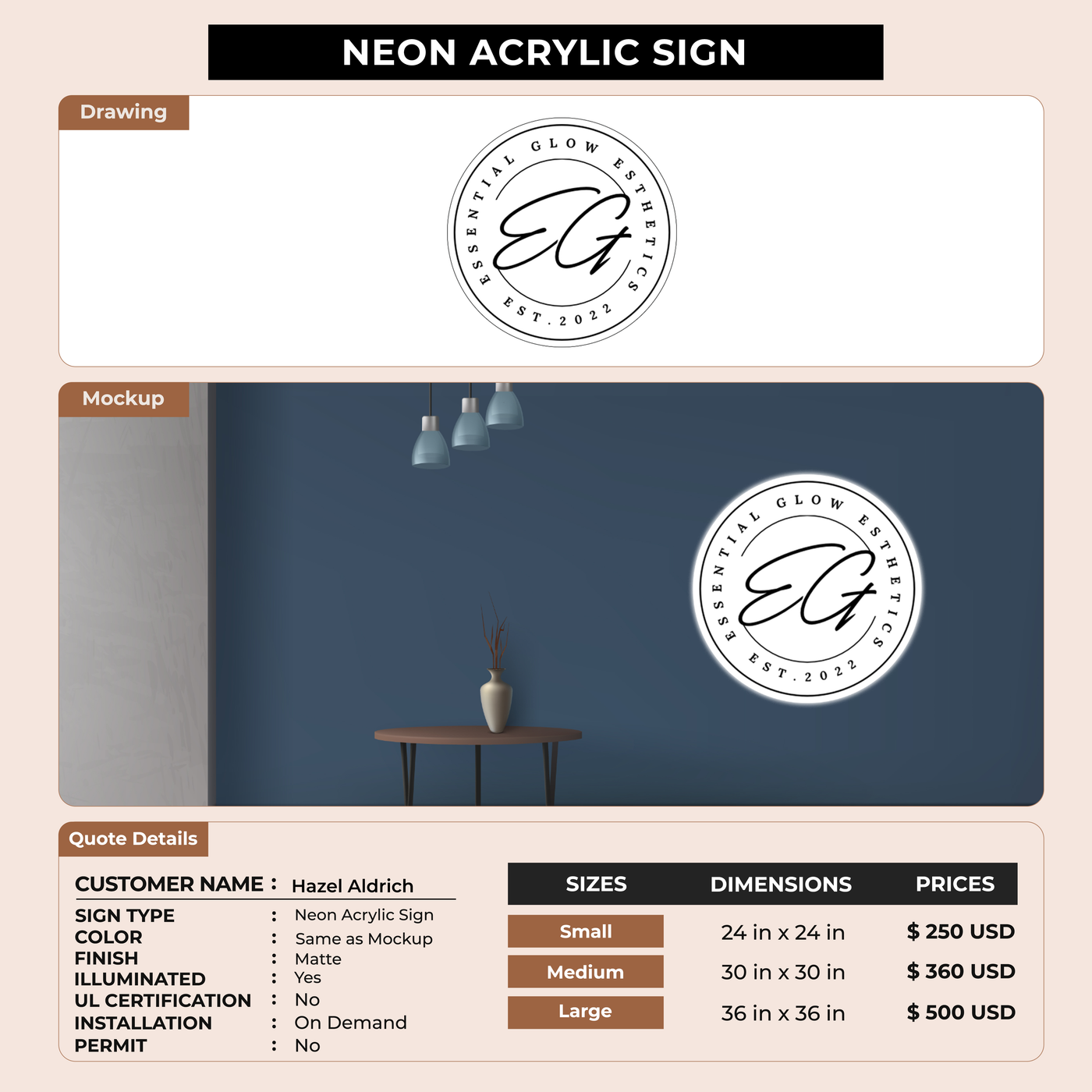 Neon Acrylic Sign for Hazel Aldrich