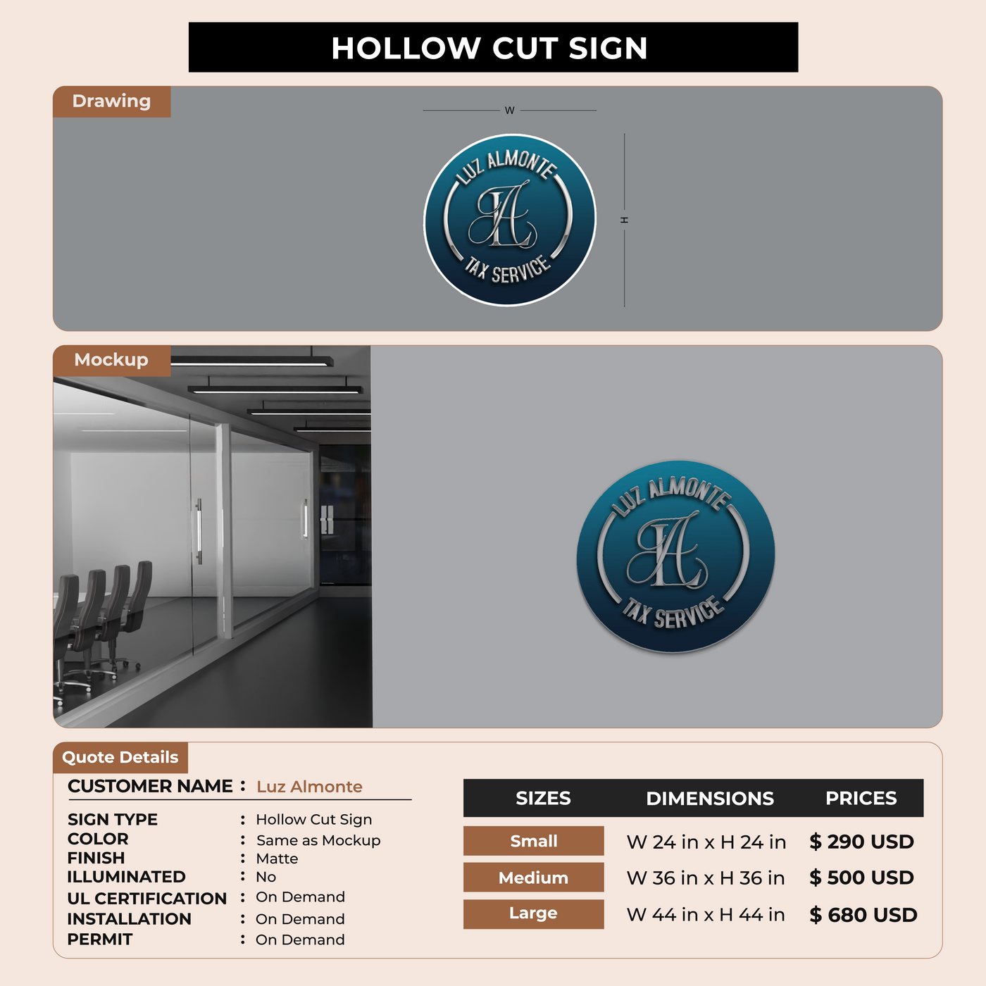 Hollow Cut Sign for Luz Almonte