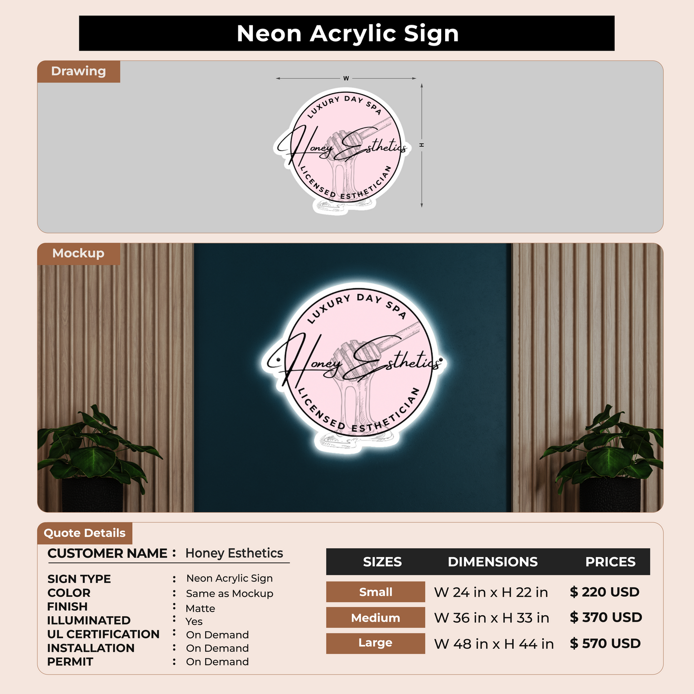 Neon Acrylic Sign For Honey Esthetics