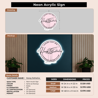 Neon Acrylic Sign For Honey Esthetics