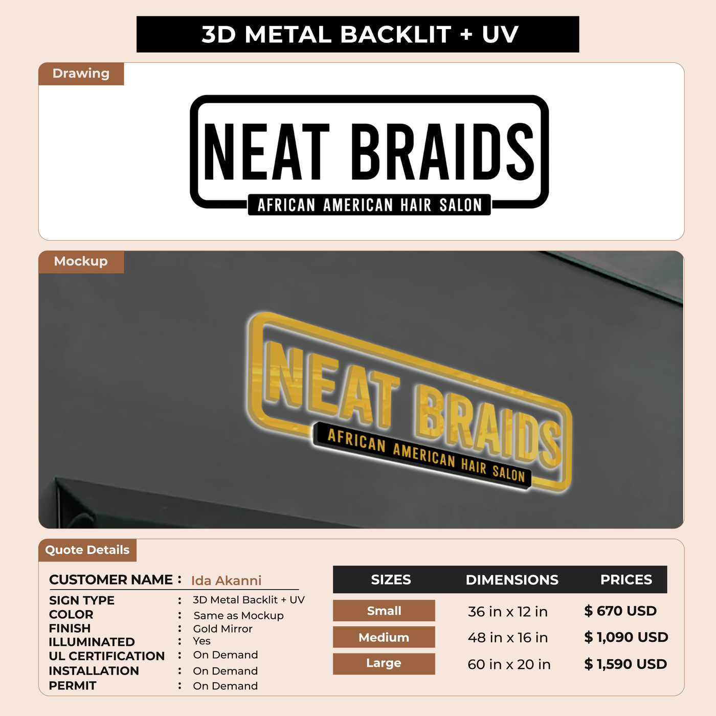 3D UV Metal Back-lit Sign For Ida Akanni