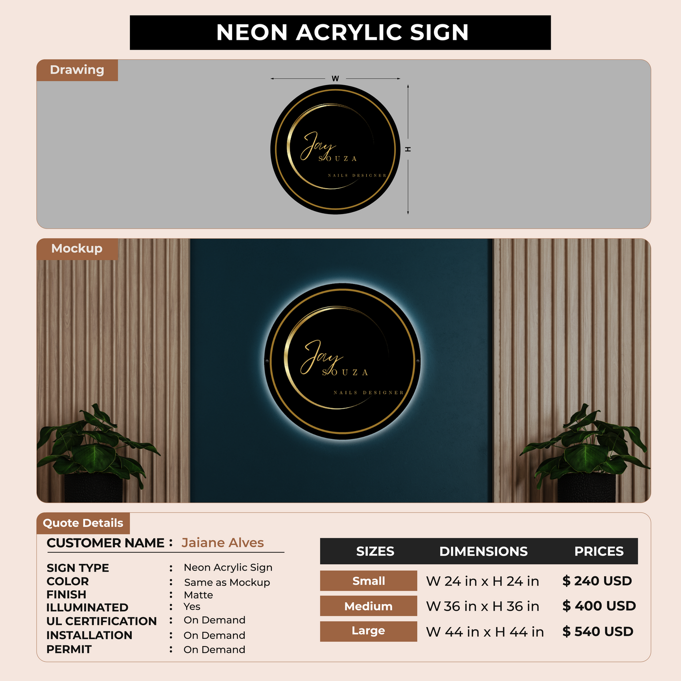 Neon Acrylic Sign for Jaiane Alves