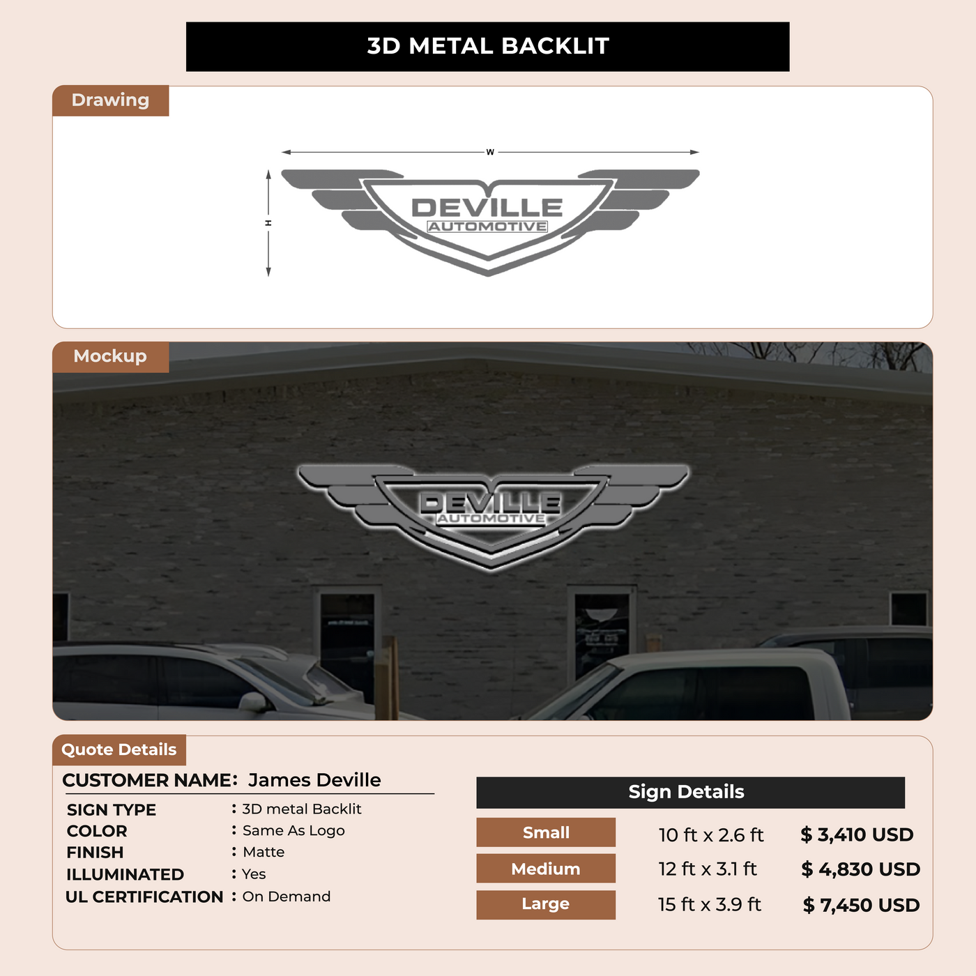 3D Metal Backlit Sign for James Deville