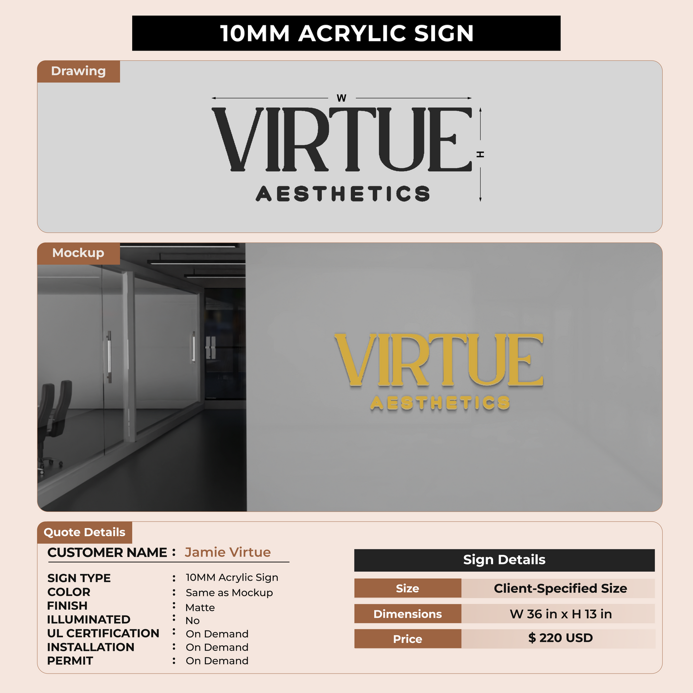 10mm acrylic sign for Jamie Virtue