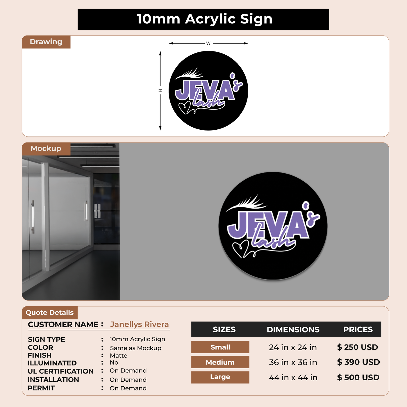 10mm Acrylic Sign for Janellys Rivera