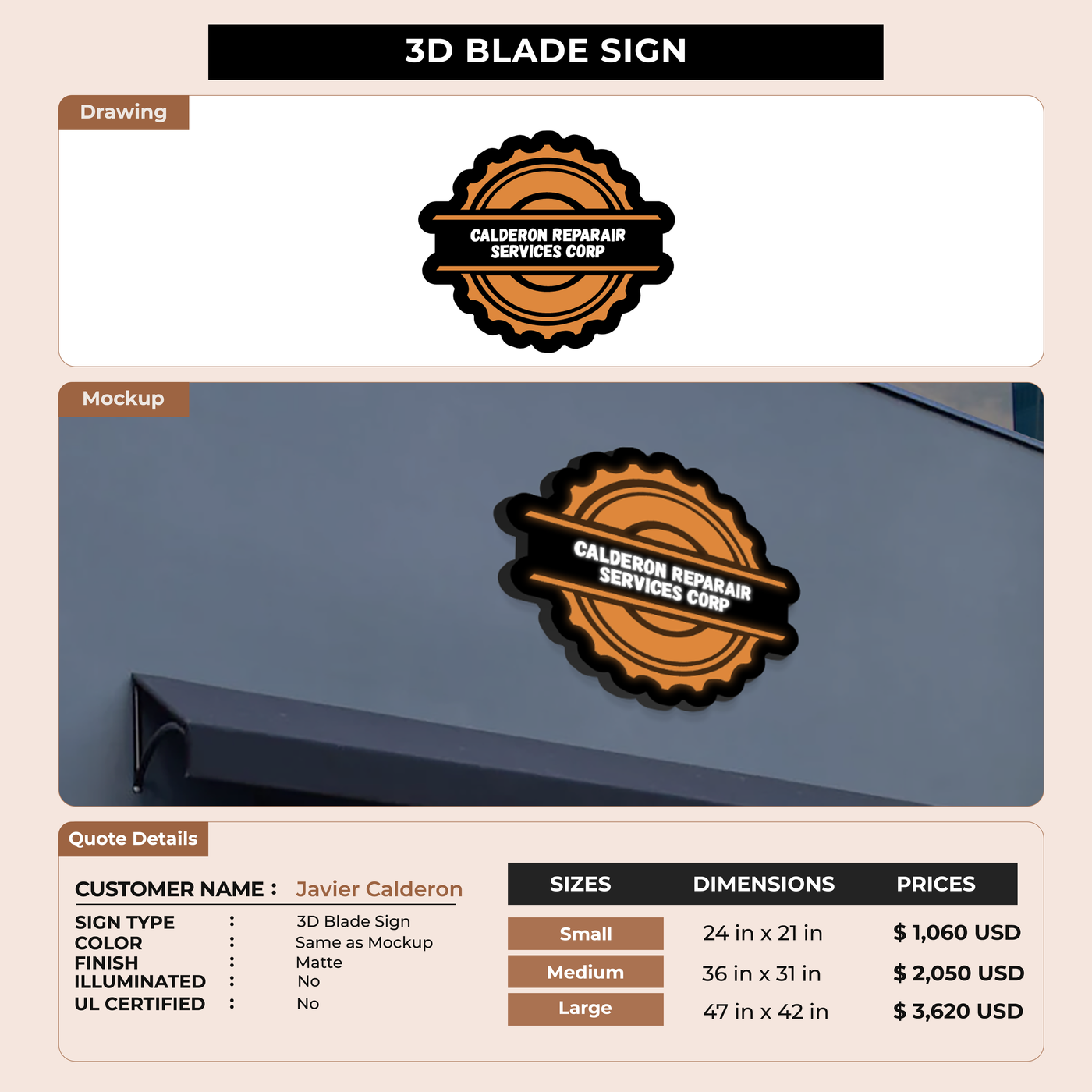 Blade Sign ( Wall Mounted ) for Javier Calderon