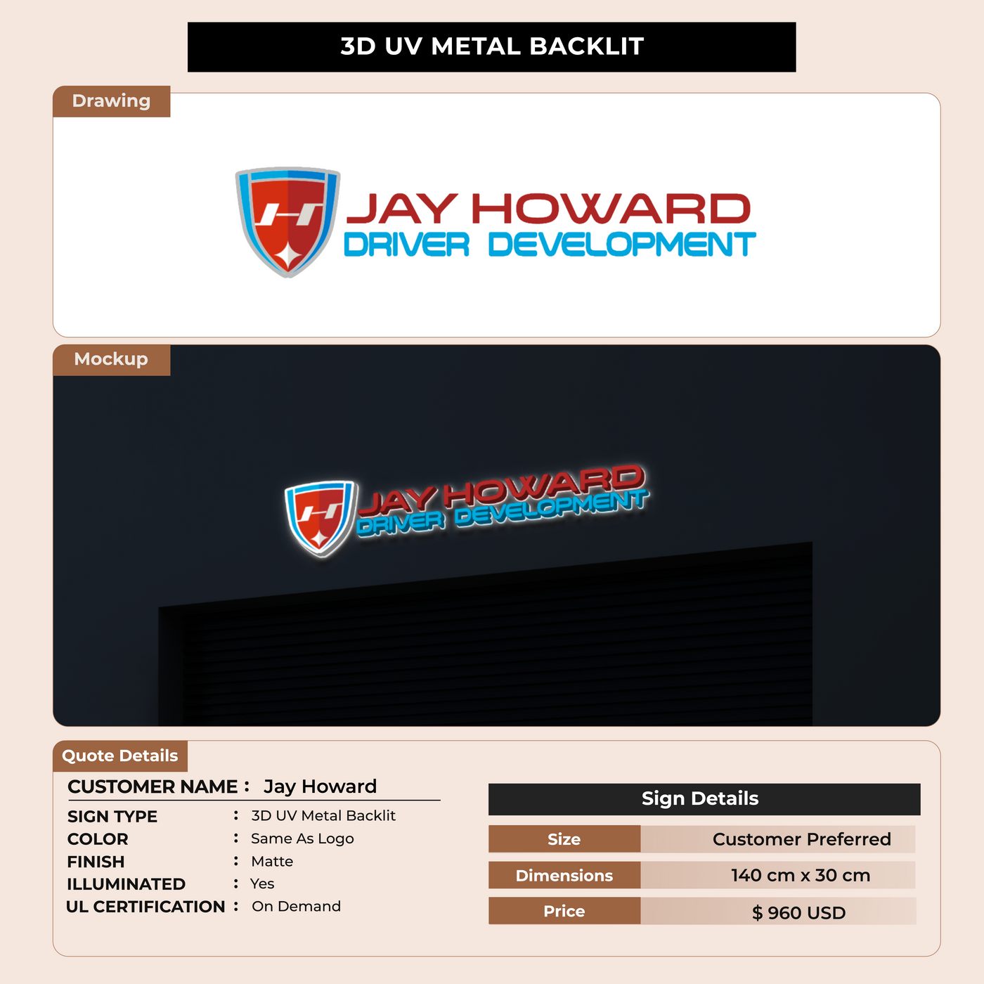 3D UV Metal Back-lit Sign For Jay Howard
