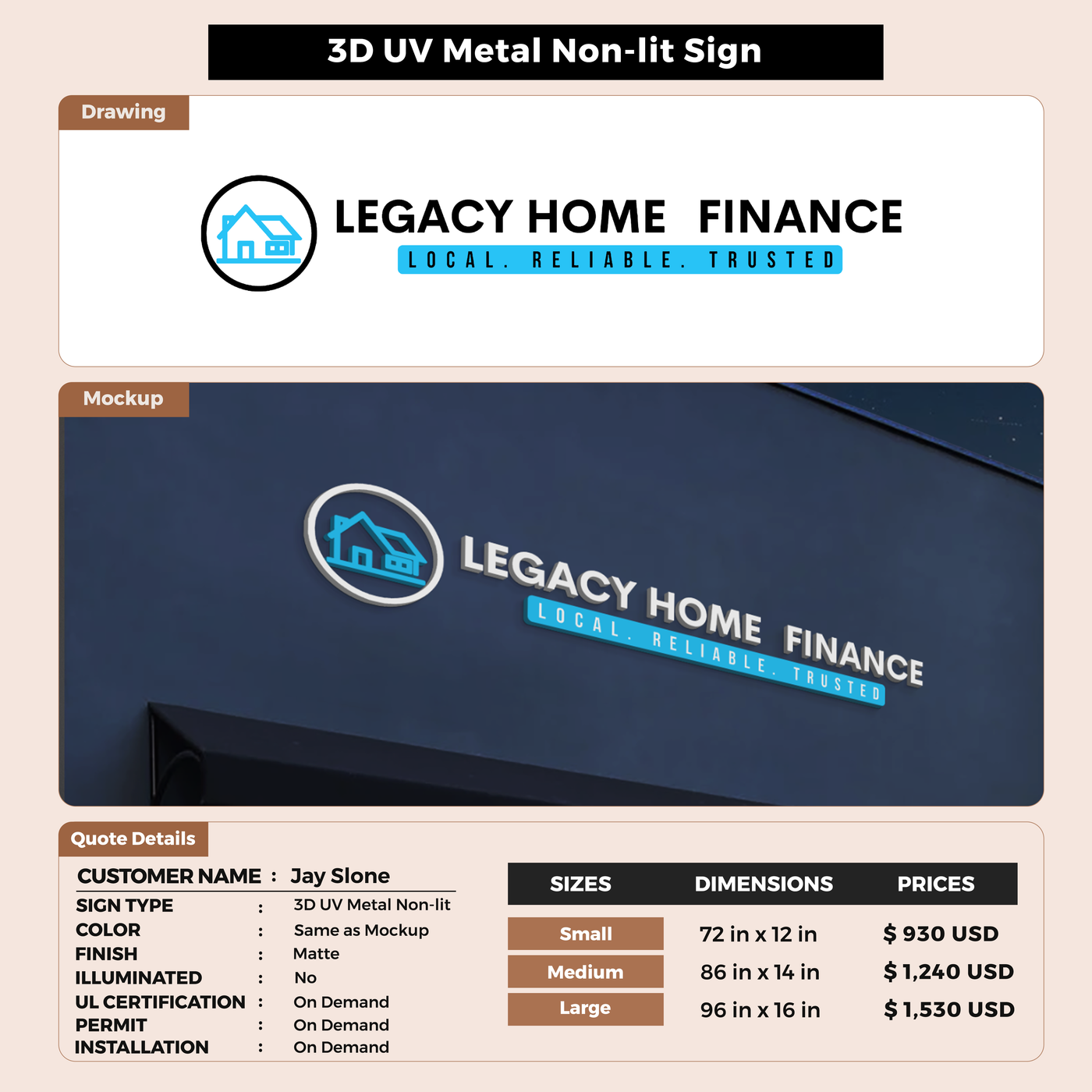 3D UV Metal without Back-lit Sign For Jay Slone