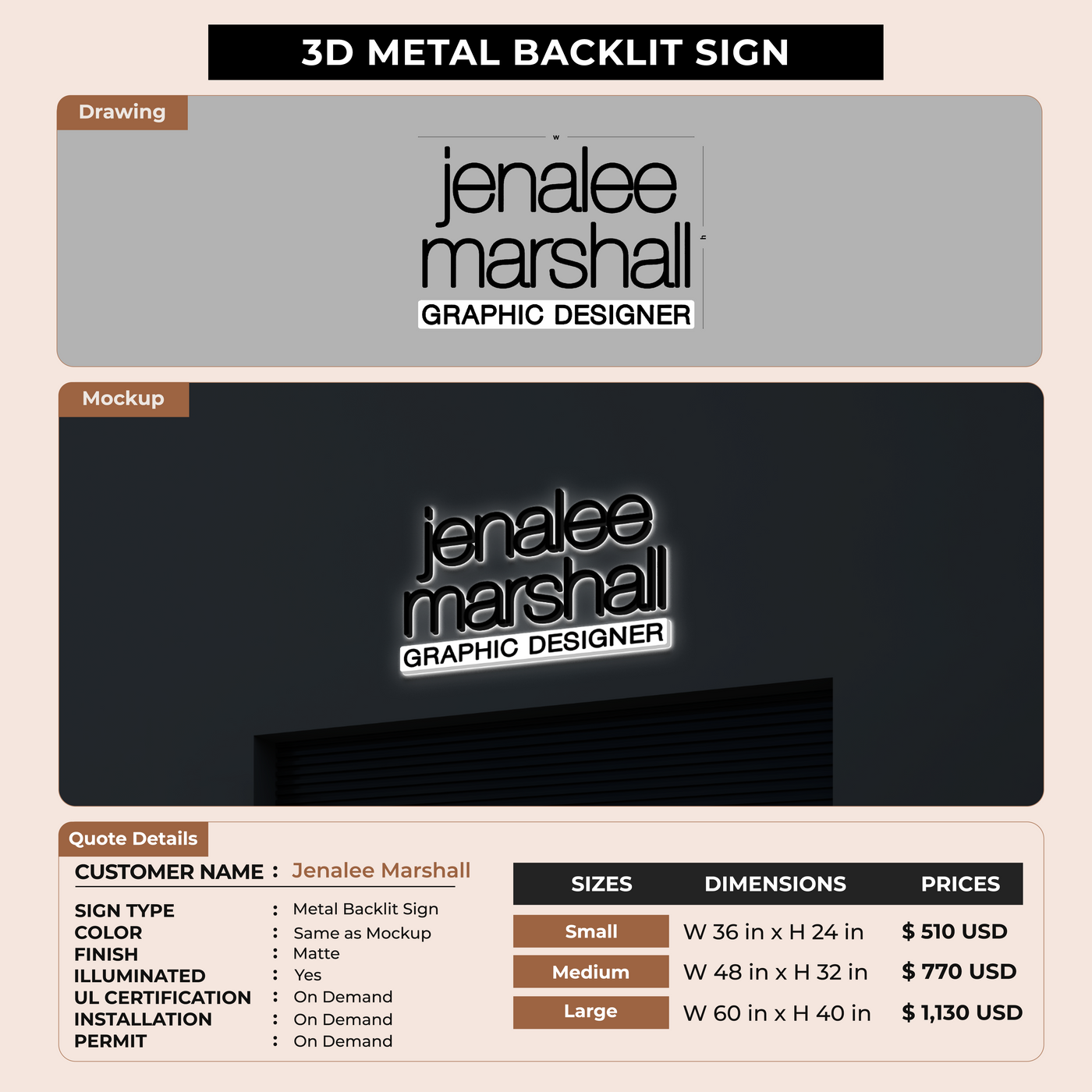 3D Metal Backlit Sign for Jenalee Marshall