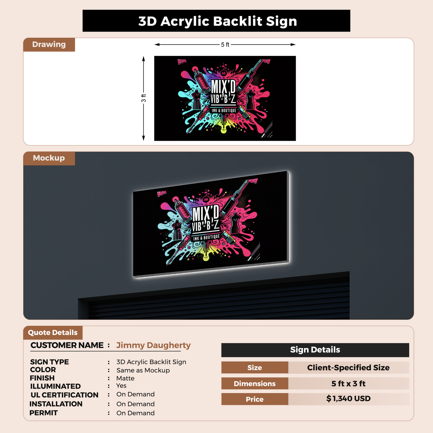 3d acrylic backlit sign for Jimmy Daugherty