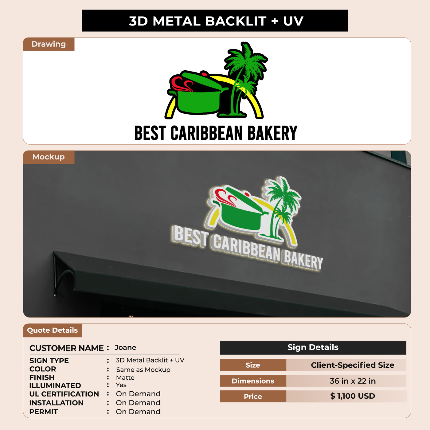 3D UV metal backlit Sign for Joane