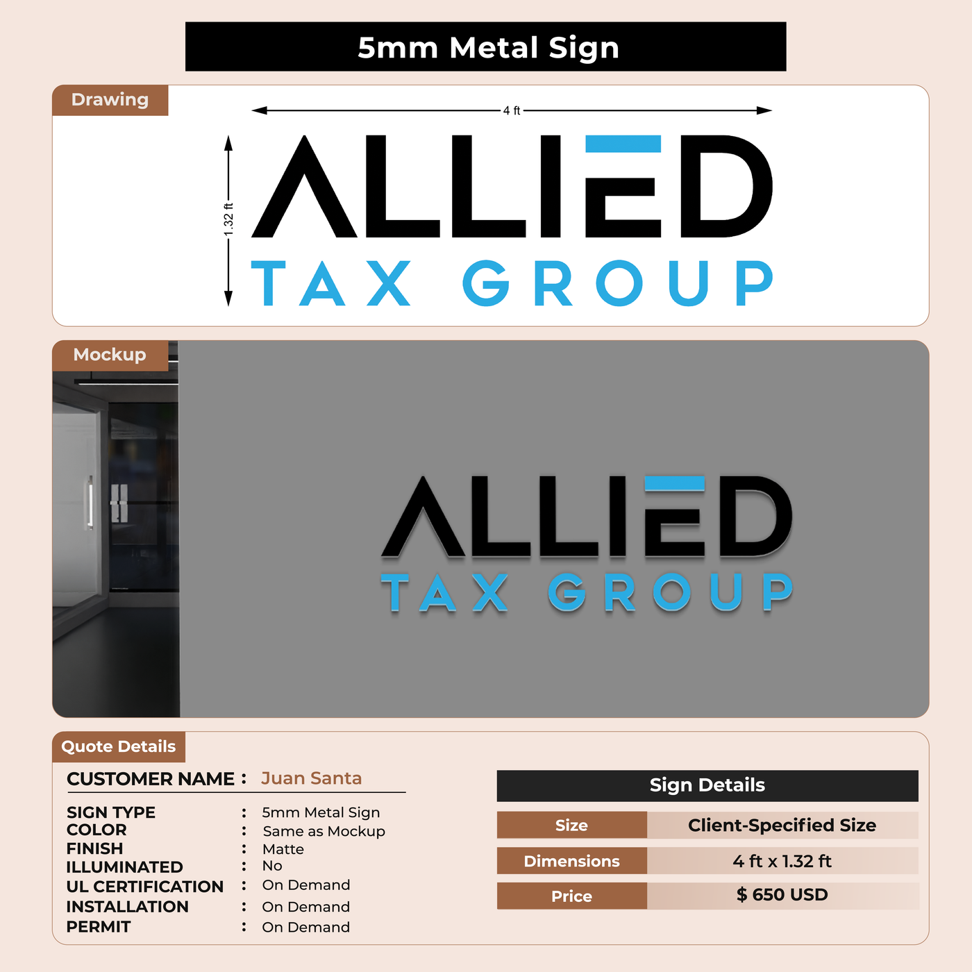 5mm metal sign for Juan Santa