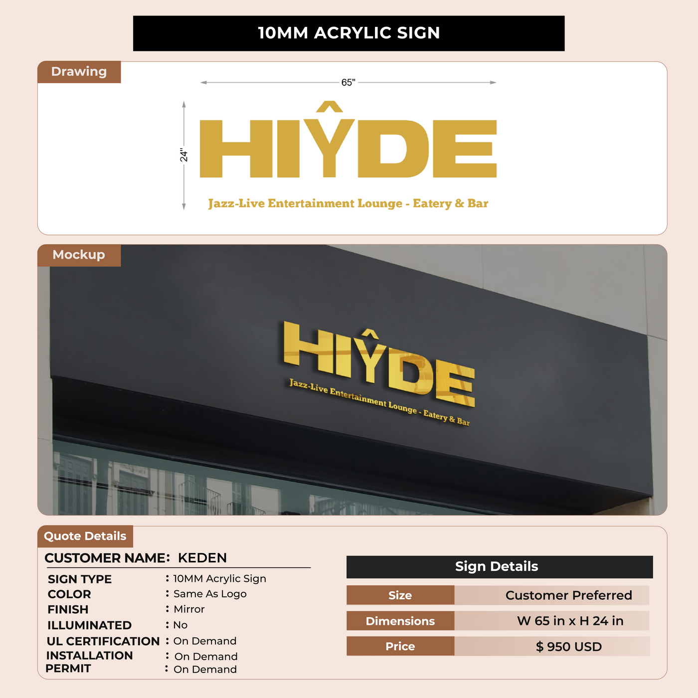10mm Acrylic Sign for KEDEN