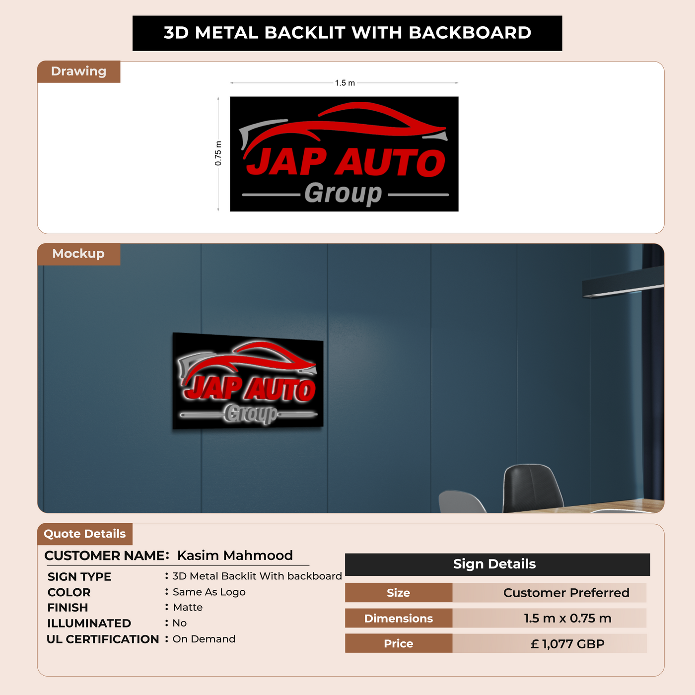3D Metal Back-lit With Backboard Sign For Kasim Mahmood