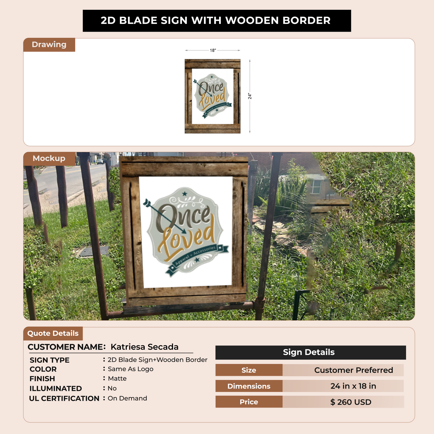 2D BLADE SIGN WITH WOODEN BORDER For Katriesa Secada