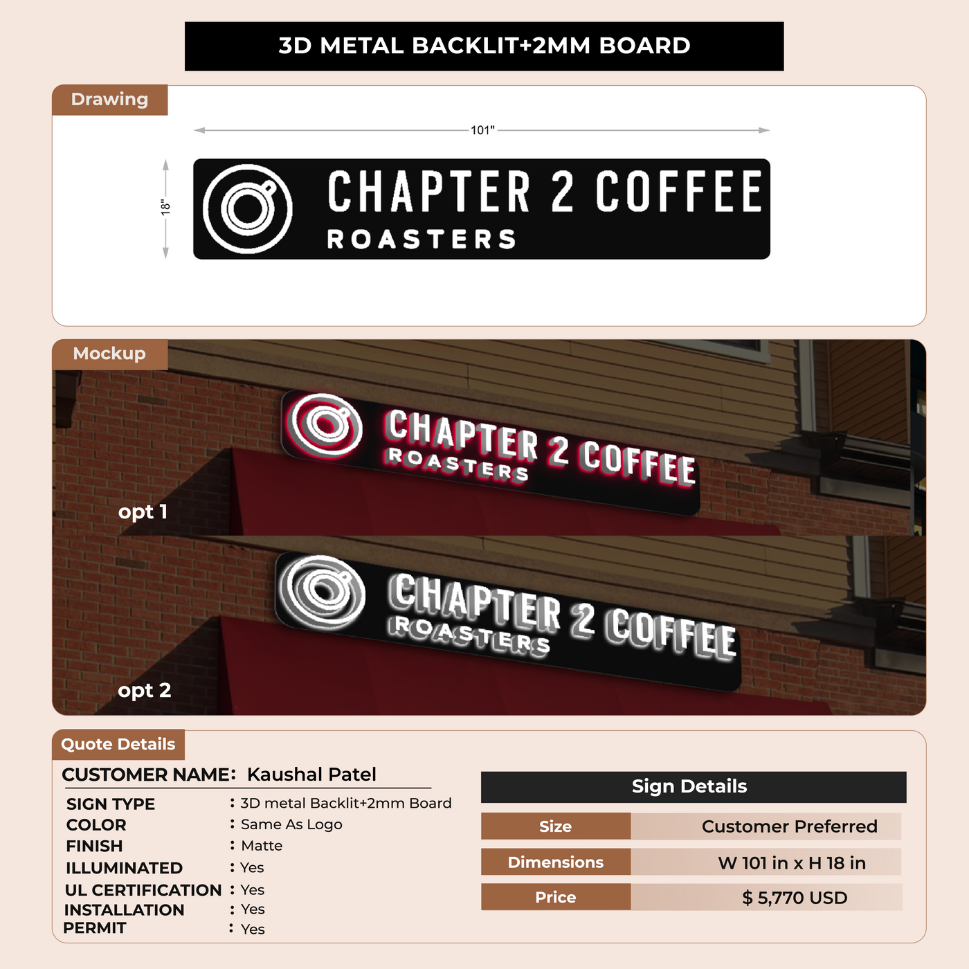 Metal Backlit Sign for Kaushal Patel