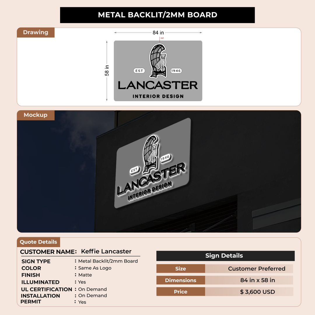 Metal Backlit with 2MM Backboard For Keffie Lancaster