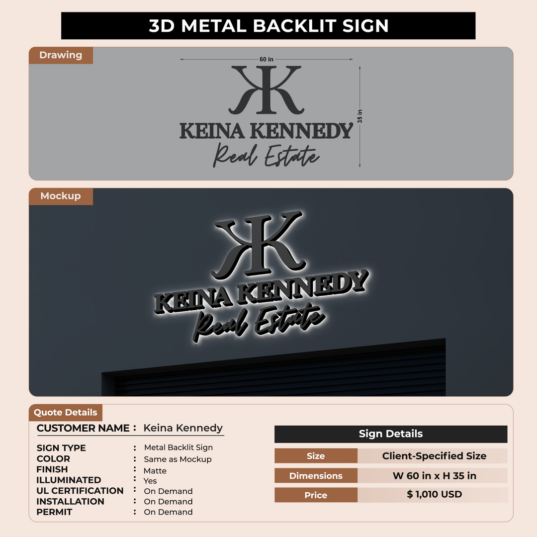 Metal Backlit Sign for Keina Kennedy