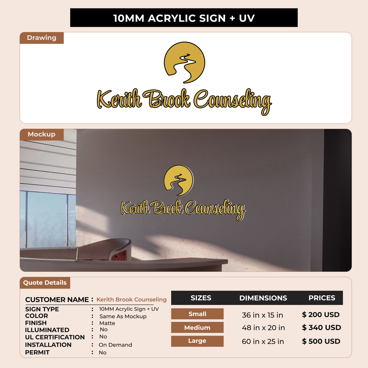 10MM Acrylic Sign for Kerith Brook Counseling