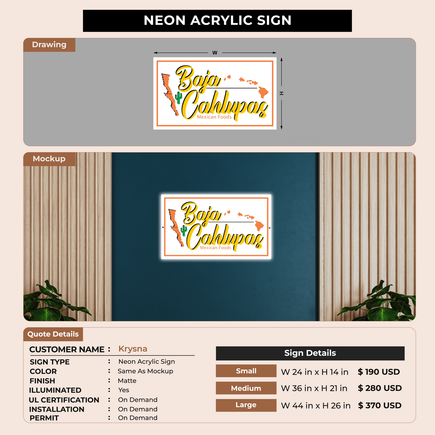 Neon Acrylic Sign for Krysna