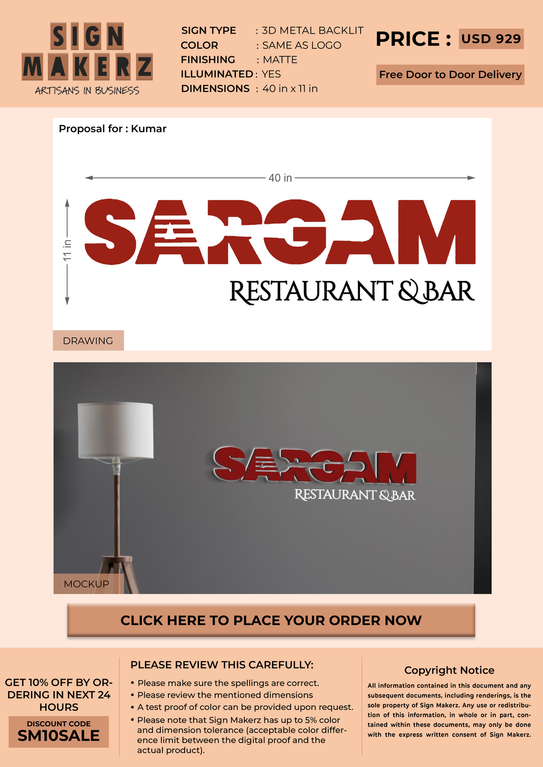 3D Metal Backlit sign for Kumar