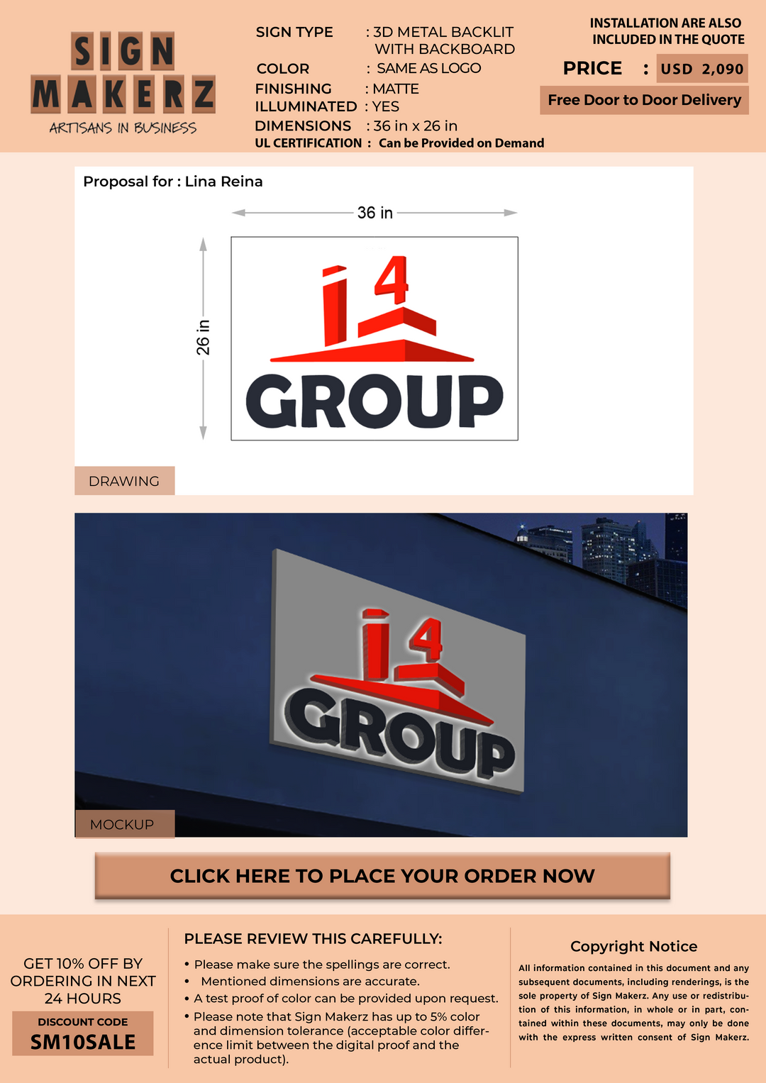 3D Metal Backlit Sign With Backboard For Lina Reina