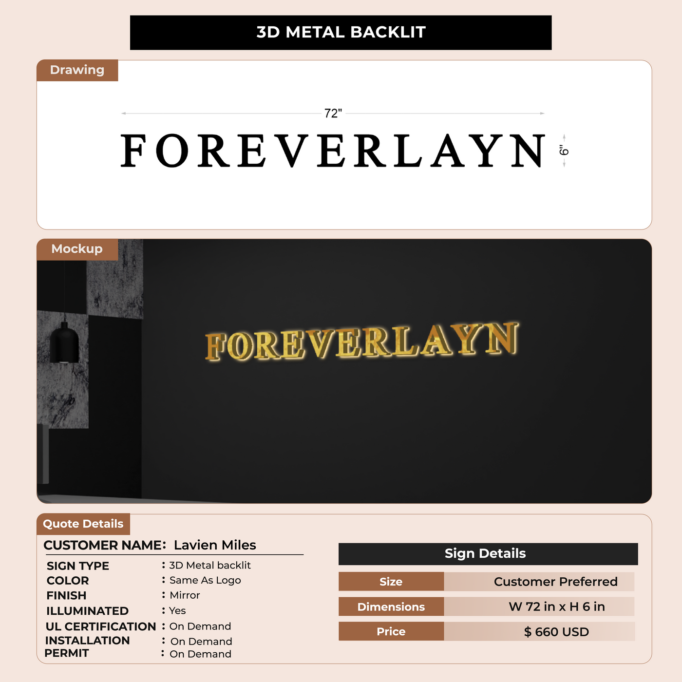 3D Metal Backlit Sign for Lavien Miles