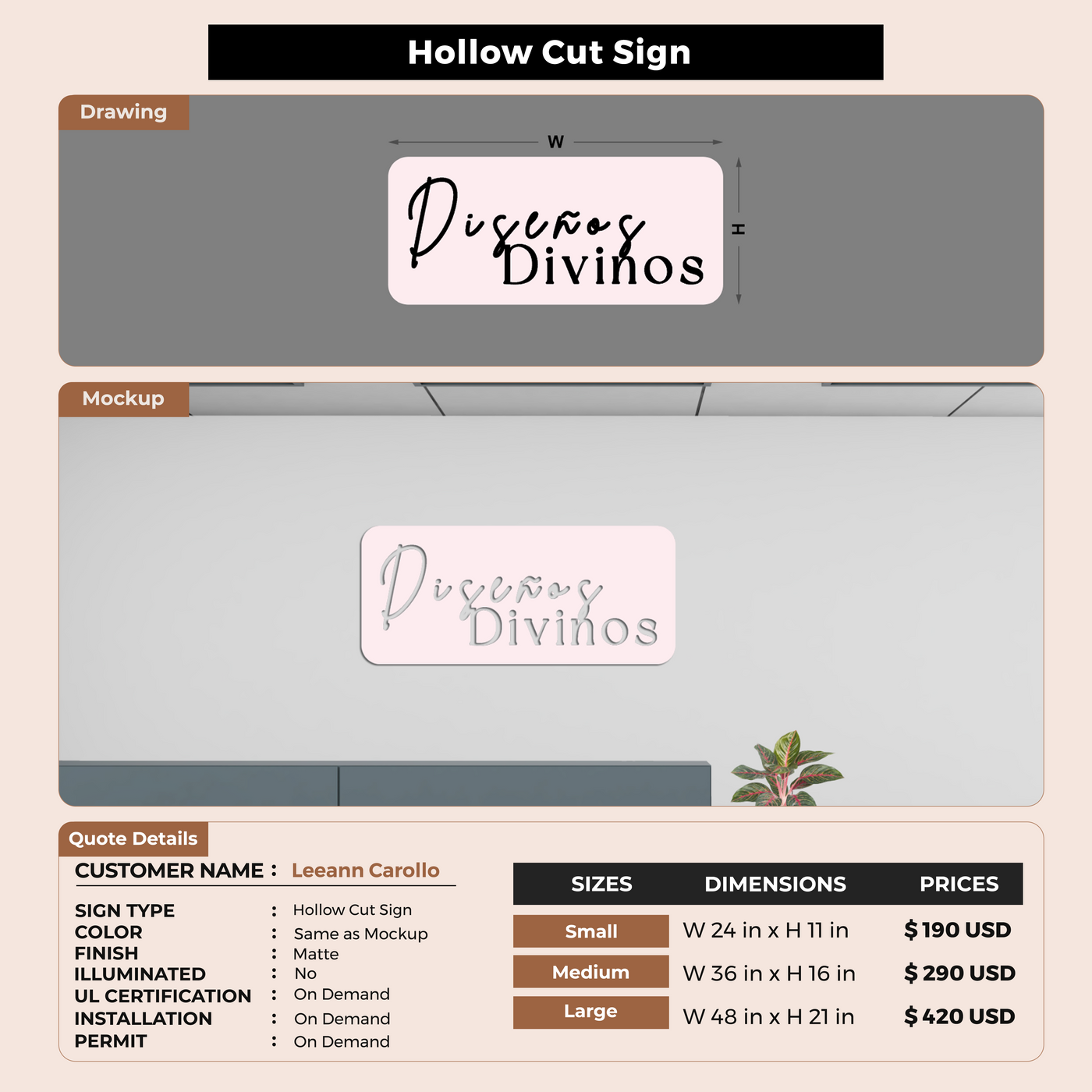 Hollow Cut Sign For Leeann Carollo