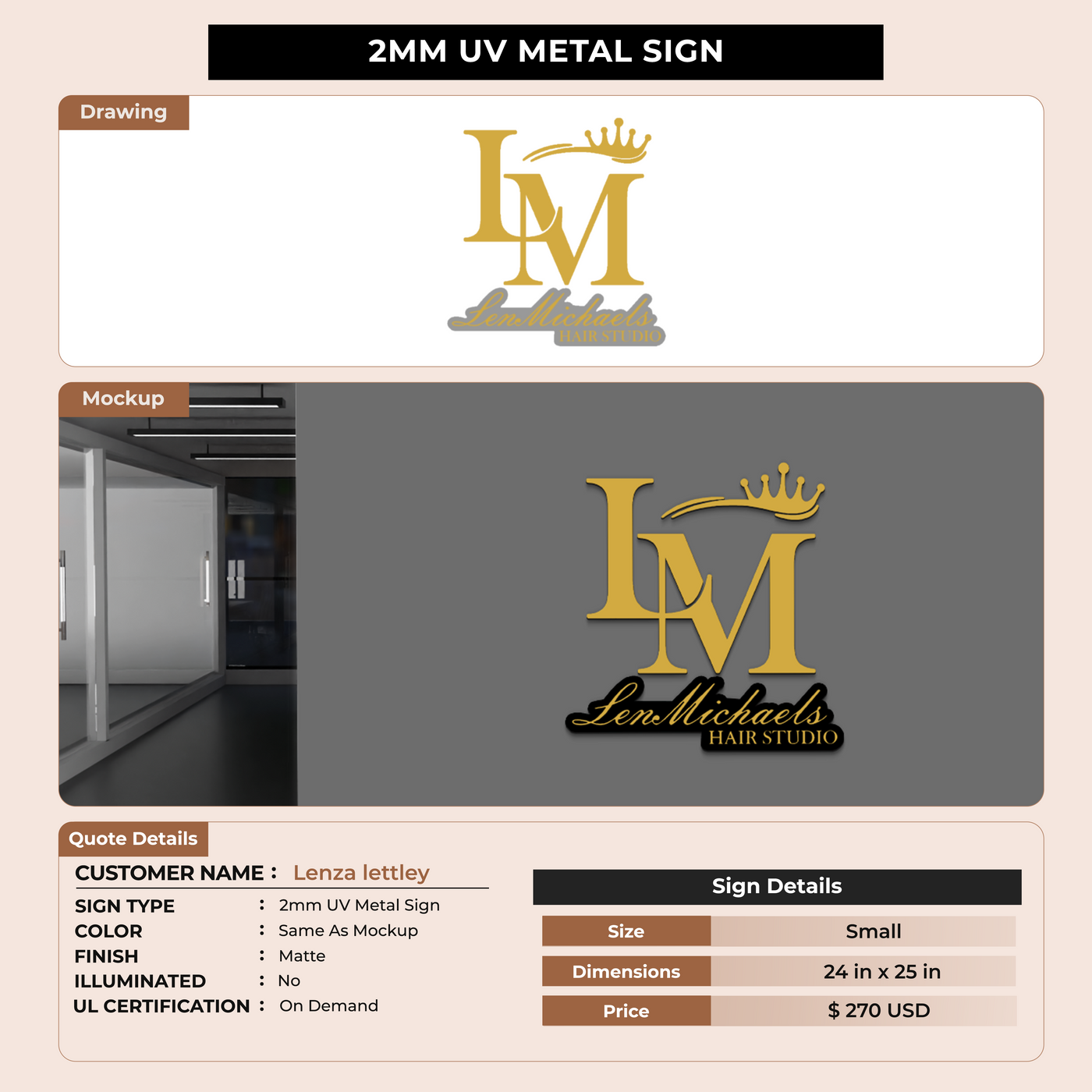 2mm UV Metal Sign for Lenza lettley