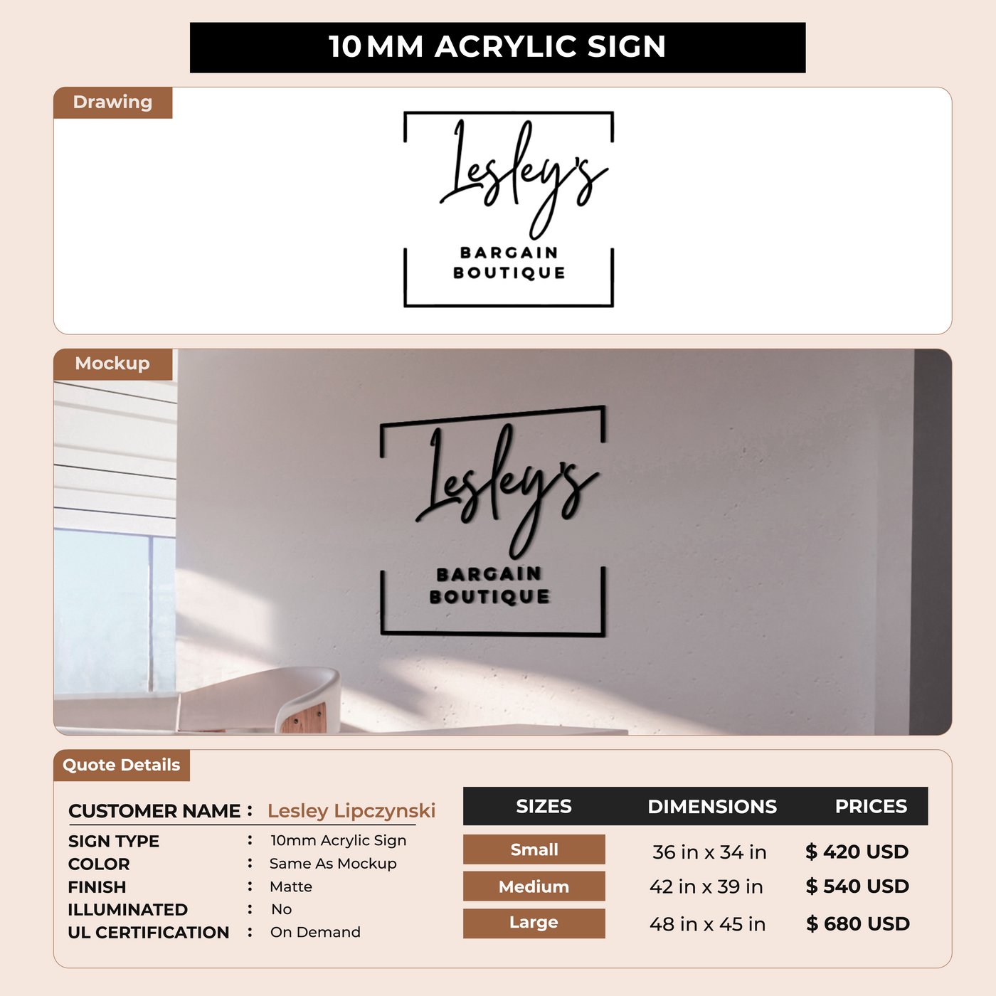 10MM Acrylic Sign for Lesley Lipczynski