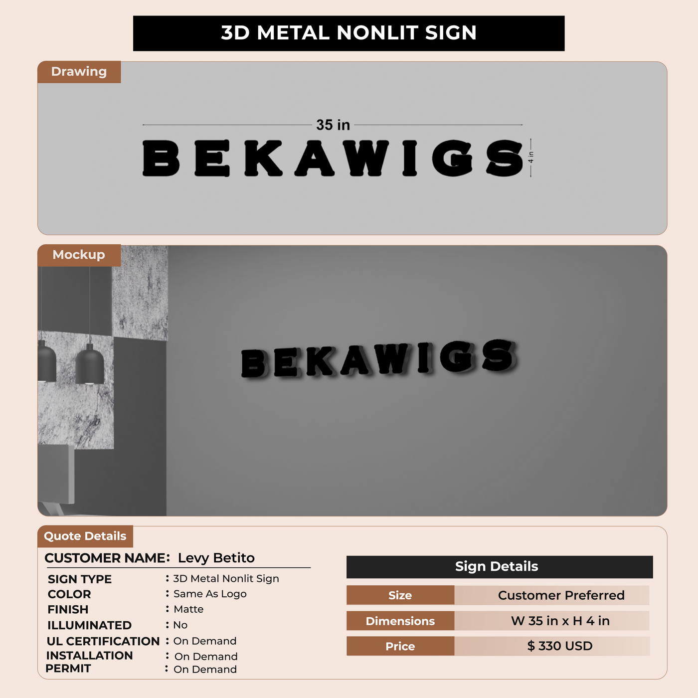 3D Metal Nonlit Sign For Levy Betito