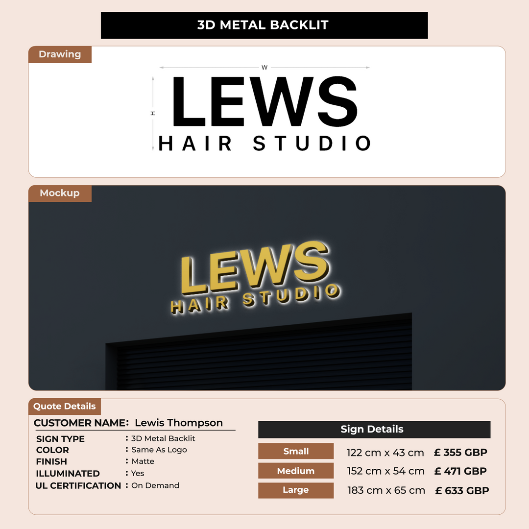 3D Metal Back-lit SIGN fOR Lewis Thompson