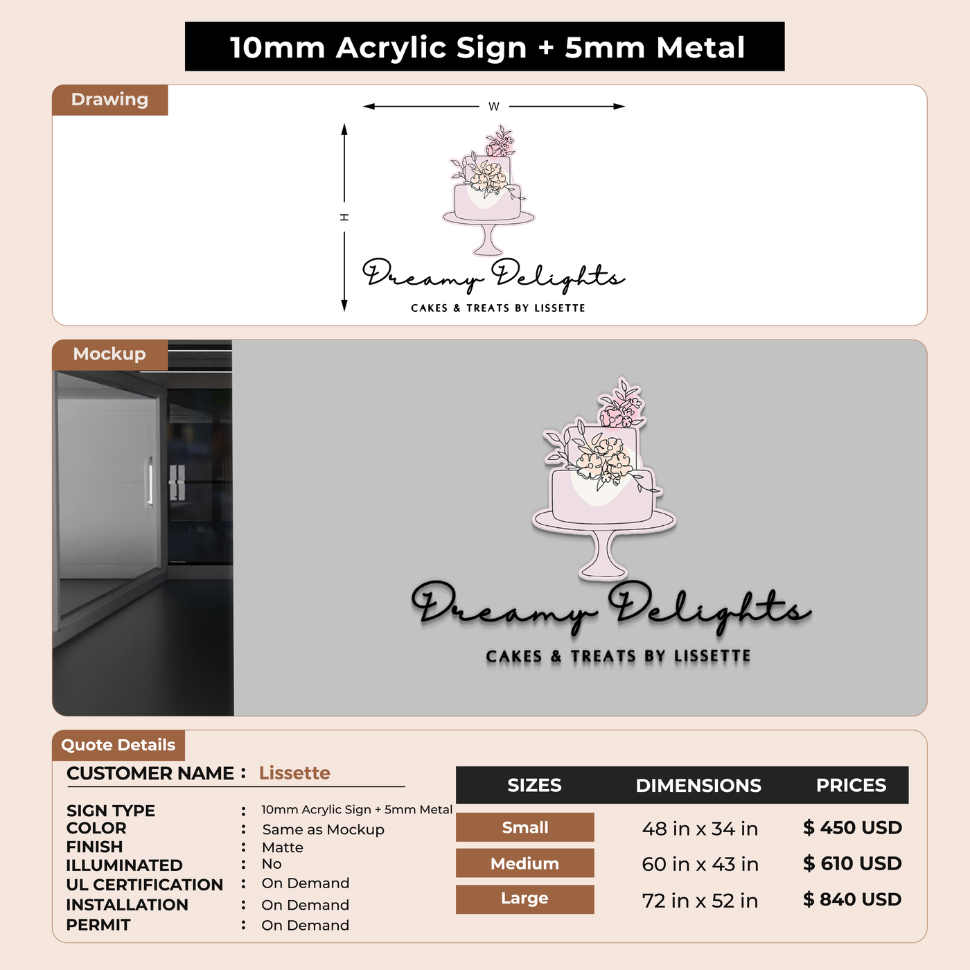 10mm acrylic sign with 5mm metal tagline for Lissette