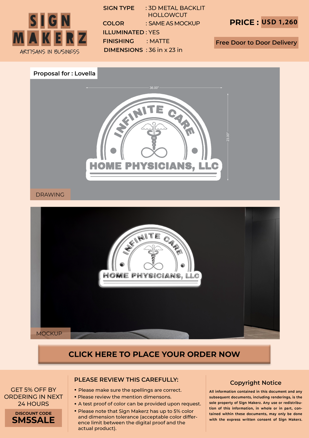 Hollow cut metal backlit for Lovella