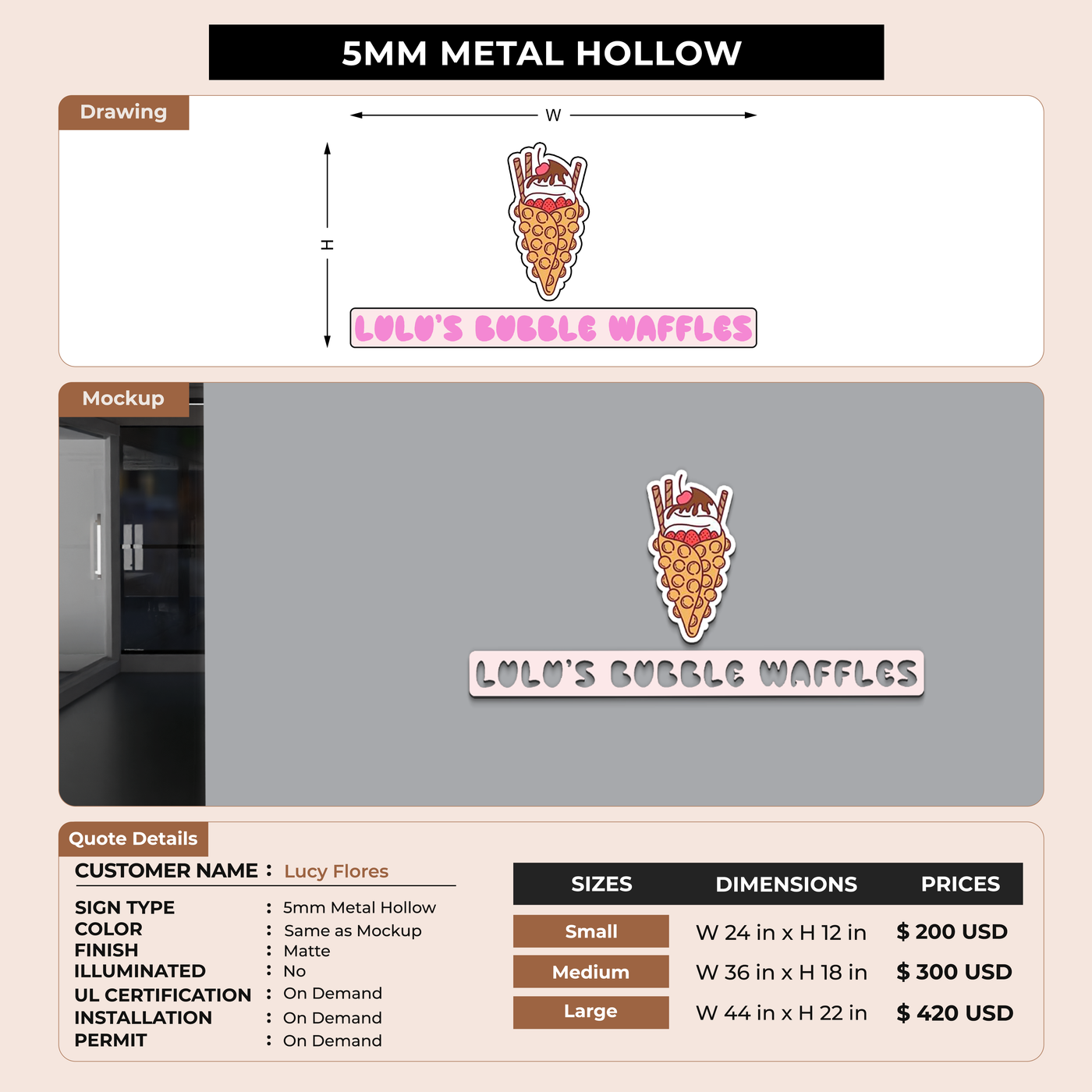 5mm metal hollowcut sign for Lucy Flores