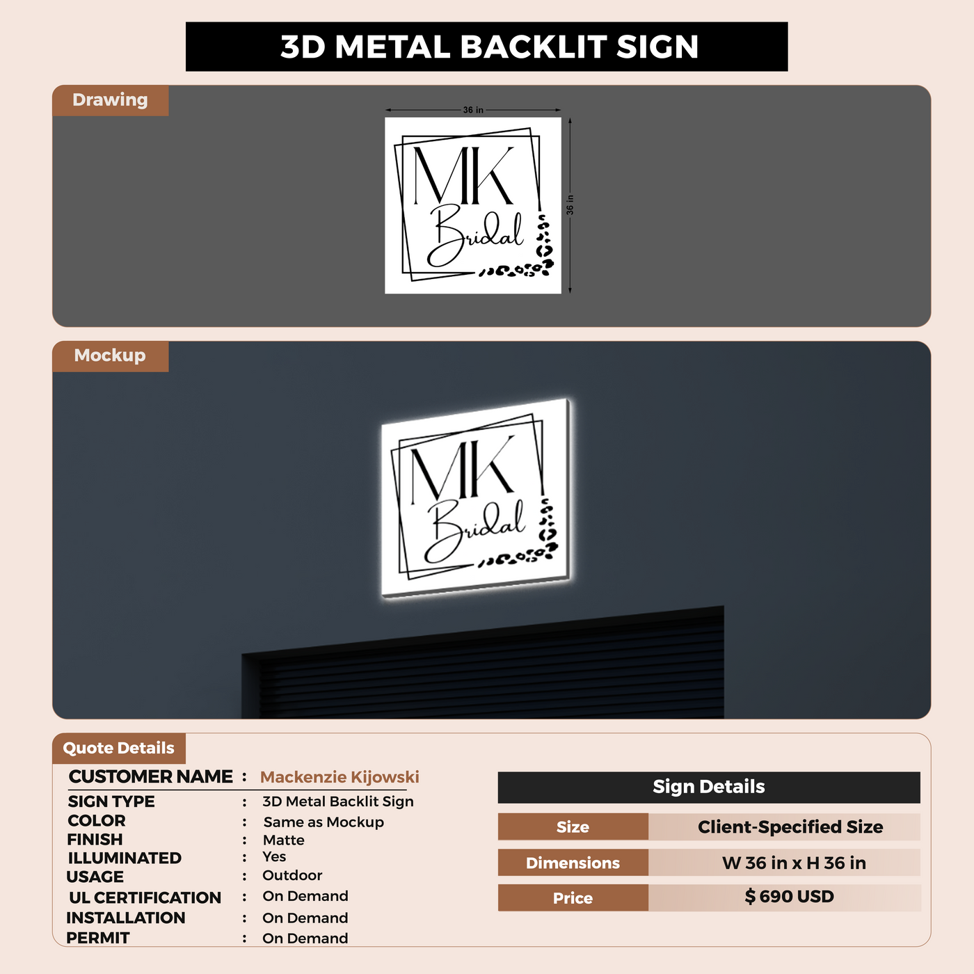 Metal backlit Sign For Mackenzie Kijowski