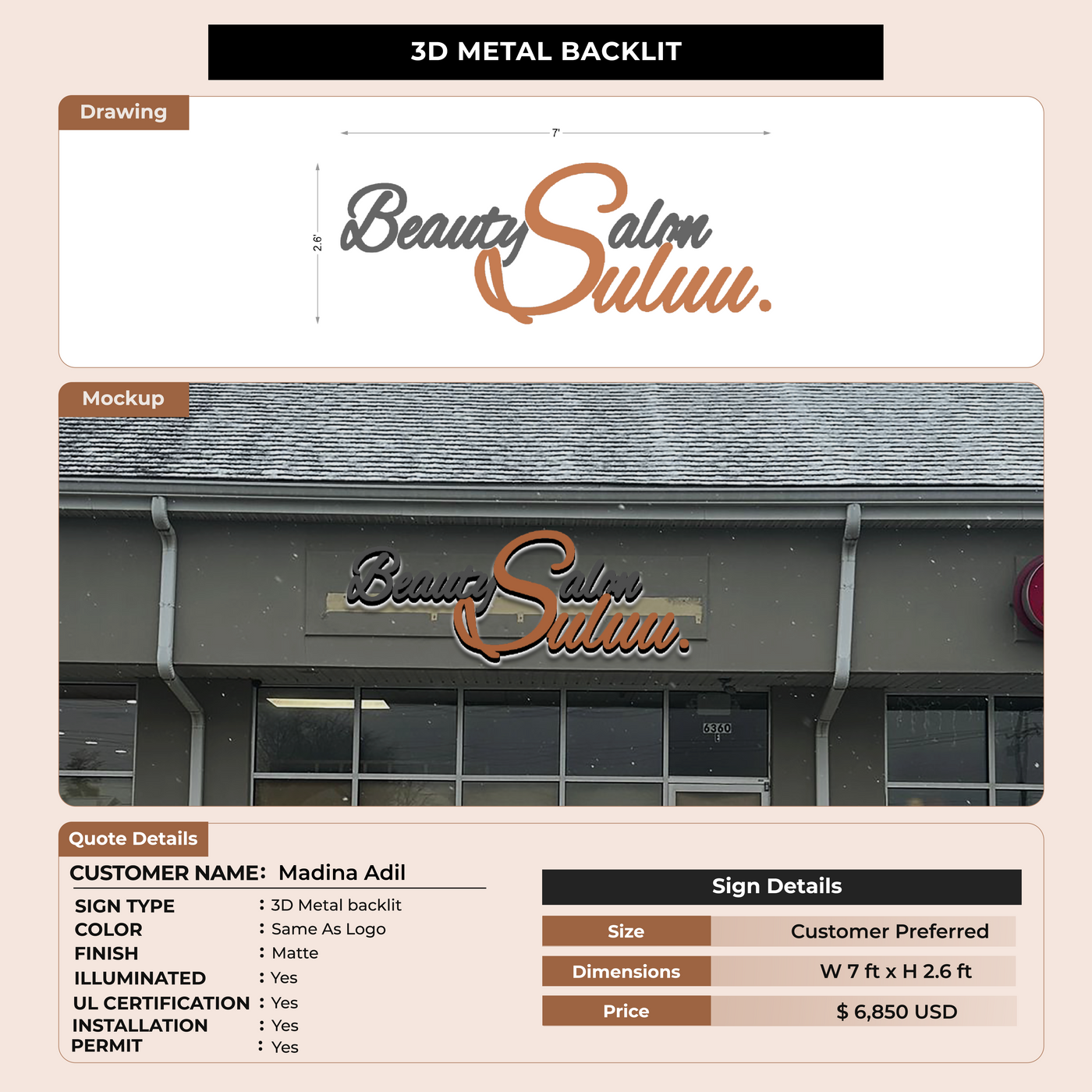 3D Metal Backlit Sign For Madina Adil