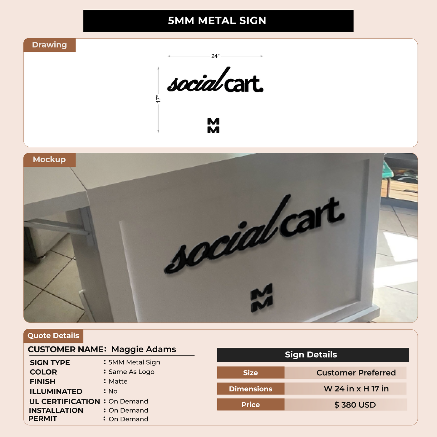 5mm Metal sign for Maggie Adams