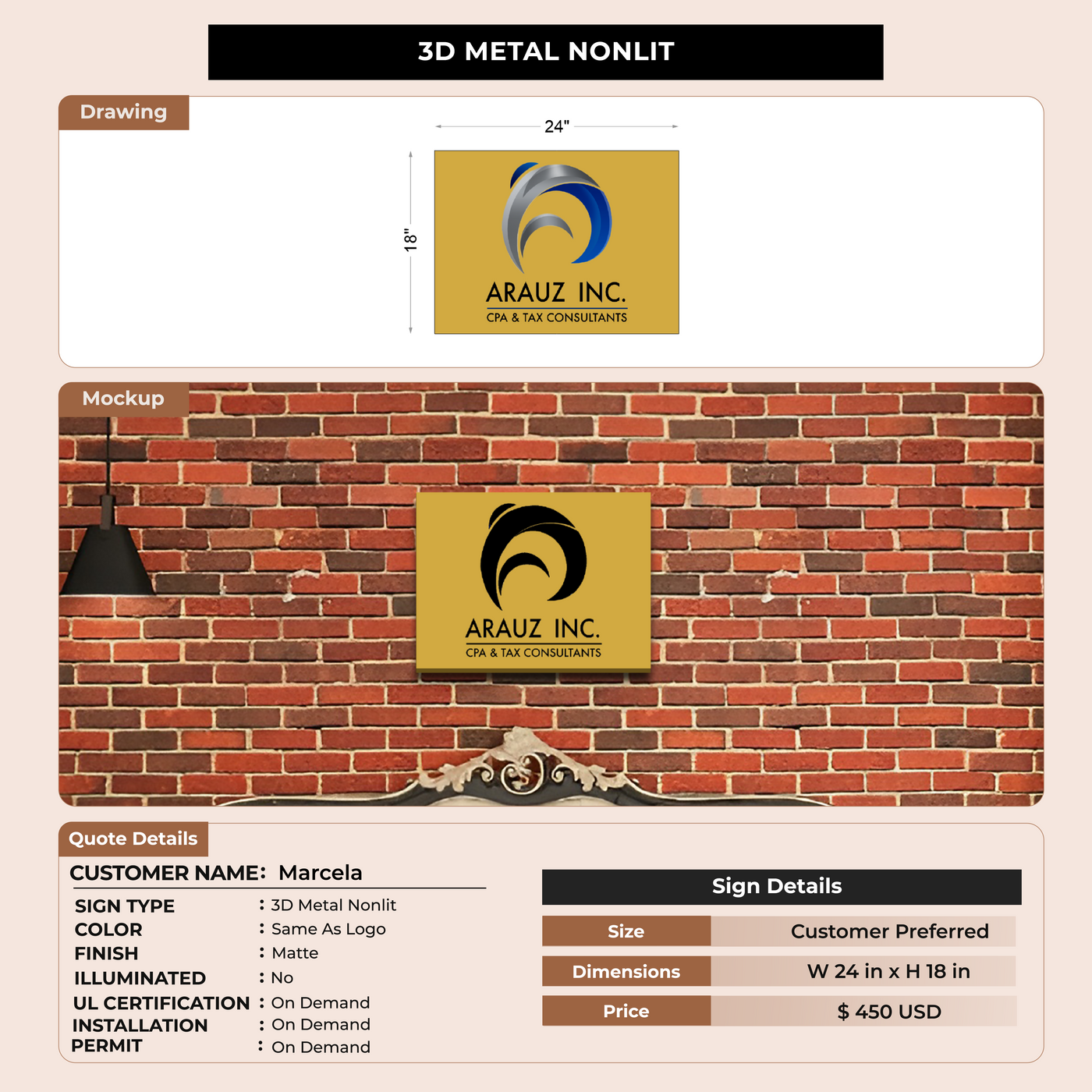 3D Metal Nonlit sign for Marcela